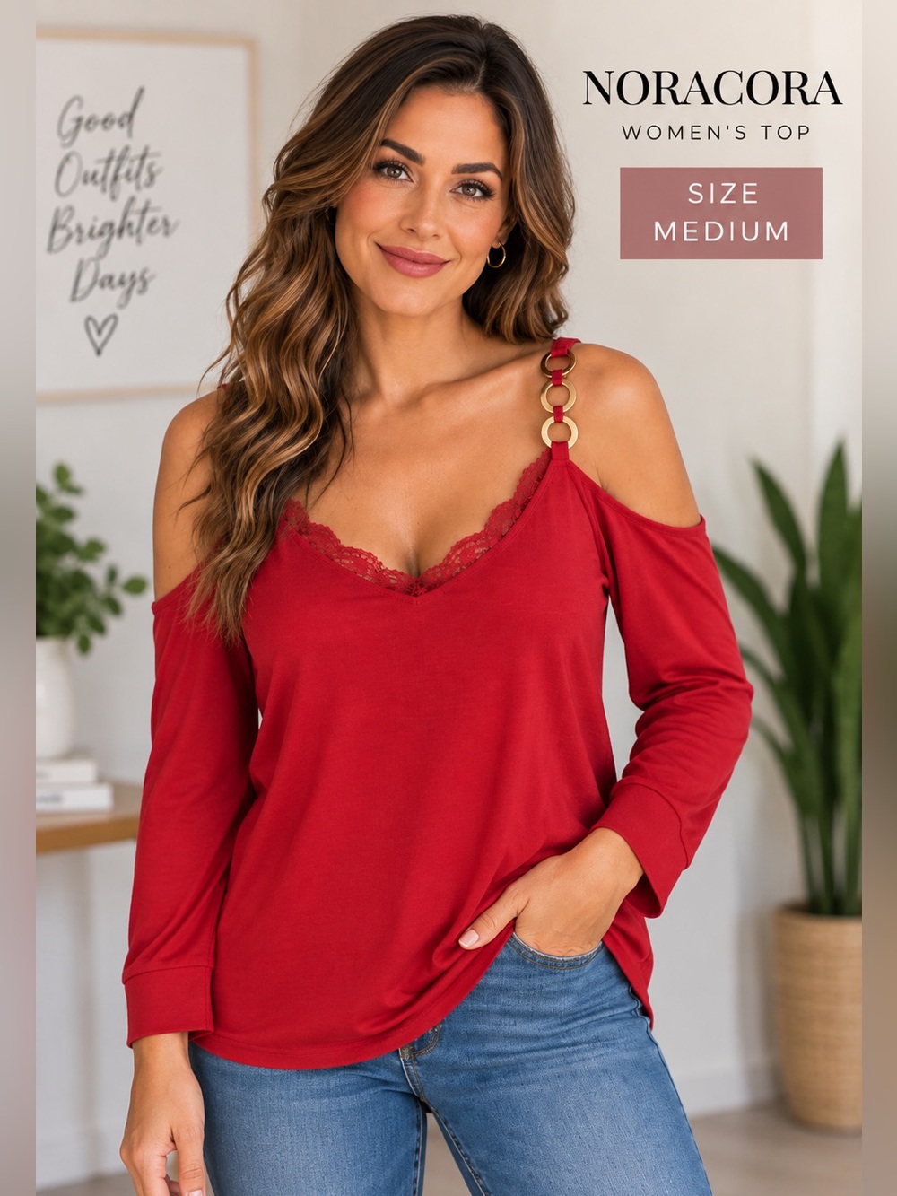 Noracora Size Medium Red Cold Shoulder Lace Trim Long Sleeve Top